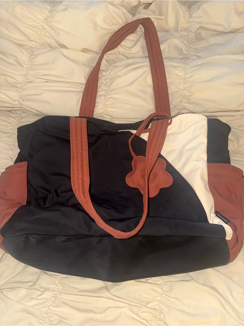 Black / cream /brown  Tote with Rust Trim and Floral Charm
